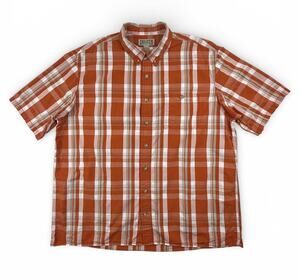 Duluth Trading Shirt Mens XLT Button Down Orange Beige Plaid Short Sleeve